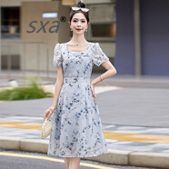 SXA香港潮牌短袖碎花連衣裙女2025夏裝新款收腰氣質(zhì)小個(gè)子打底A字裙 清藍(lán) M