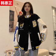 韓惠芷美式棒球服外套女春秋款韓版寬松百搭學(xué)生原宿風(fēng)夾克女裝上衣 A63黑色【皮袖雙層有內里】 常規 M 【建議80-100斤】