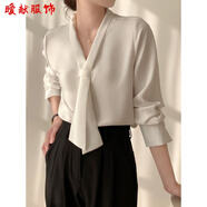 曖獻胖妹妹大碼職業(yè)襯衫雪紡衫女裝胖mm寬松韓版長(cháng)袖系帶襯衫職業(yè)打底 白色長(cháng)袖領(lǐng)帶襯衫 5XL
