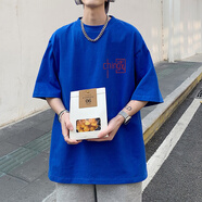 ?？|竺夏季2025新款粉色短袖T恤男純棉美式寬松青少年潮牌潮流半袖體恤 WT33克萊因藍(lán)色 【重磅純棉】+【 M 【105-120斤】