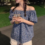 淺雖紅2025夏新款小心機短款襯衫后背蝴蝶結(jié)收腰系帶上衣女別致襯衣YDK 1802/小碎花藍色 XL