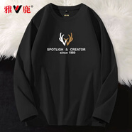 雅鹿長(zhǎng)袖t恤男純棉春秋季寬松休閑打底衫青少年重磅潮流印花長(zhǎng)袖男T恤 黑/鹿角字母 3XL ( 建議160斤-175斤可穿 )