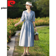 皮爾卡丹（pierre cardin）高端苧麻提花藍(lán)色顯白V領(lǐng)連衣裙女收腰顯瘦氣質(zhì)裙子 淺藍(lán)色【少量現(xiàn)貨】今年流行的輕 L 【建議115-130斤】