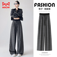 貓人黑白格子闊腿褲女2025春夏高腰直筒寬松休閑慵懶長(zhǎng)褲子 黑色 M