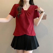 蝶美女大碼胖MM韓系簡(jiǎn)約夏季女裝新款不規(guī)則短袖T恤時(shí)尚設(shè)計(jì)感百搭上衣 紅色上衣 L 100斤-120斤