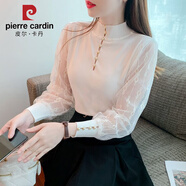 皮爾卡丹半高領(lǐng)長(cháng)袖蕾絲打底衫女春秋內搭修身針織衫上衣2025新款網(wǎng)紗襯衫 白色 【主圖款】 M