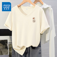 真維斯（JEANSWEST）純棉短袖t恤夏季2025新款爆款夏日正肩v領(lǐng)半袖上衣休閑設(shè)計(jì)感體恤 米色 毛絨花口袋_K S
