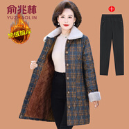 俞兆林（YUZHAOLIN）媽媽冬裝格子棉衣外套中長款棉襖中老年女裝洋氣加絨加厚棉服 328-藏青格 + 黑色加絨褲 XL (參考90-105斤)