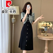 皮爾卡丹（pierre cardin）時(shí)尚假兩件木耳邊拼接連衣裙夏新款收腰修身顯瘦短袖胖mm大碼裙子 圖片色  L 建議100-115斤