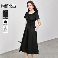 尚都比拉【休閑泡泡袖連衣裙】都市休閑圓領(lǐng)泡泡袖真口袋連衣裙 黑色 S
