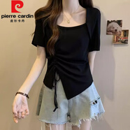 皮爾卡丹（pierre cardin）正肩方領(lǐng)短袖t恤女夏裝2025新款大碼胖mm顯瘦不規則設計感上衣潮 黑色高質(zhì)量 M (適合80-100斤)