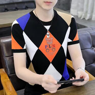 姿偉祺冰絲短袖恤男夏季潮流拼色體恤衫 橘紅【104】CSF L