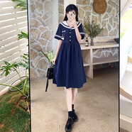 景怡依2025年胖女孩裙子加肥加大大碼初中學(xué)生夏裝胖子學(xué)院風(fēng)顯瘦連衣裙 深藍色 M