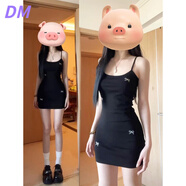 DALEY MODE刺繡蝴蝶結(jié)吊帶小黑裙女夏季修身性感純欲辣妹短款外穿包臀連衣裙 黑色 S