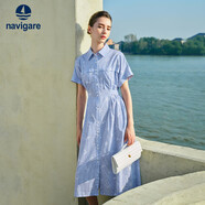Navigare意大利小帆船女全棉條紋連衣裙短袖收腰中長(cháng)裙2322875516 藍 L
