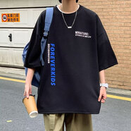 港埔潮肥仔300斤大碼刺繡七分袖男t恤夏季潮流寬松大碼半袖體恤重磅短袖 黑色 3XL