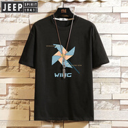JEEP SPIRIT吉普t恤男夏季鯊魚(yú)印花純棉短袖大碼寬松半袖體恤衫潮牌潮流上衣 12黑色 M 90-115斤
