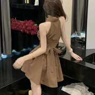 衣然呈品連衣裙女夏季新款美式高街潮牌襯衫掛脖后背蝴蝶結(jié)無袖收腰短裙女 卡其色 M 【建議90-105斤】