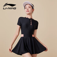 李寧（LI-NING）泳衣女士連體裙式游泳衣保守大碼遮肚溫泉泳裝 0781 黑紅 XL 