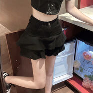 FHHUABD牛仔半身裙女蛋糕裙a字超短裙褲高腰設(shè)計(jì)感小眾包臀辣妹短款裙子 黑色【有內(nèi)襯】 L 建議105-115斤