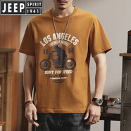 JEEP SPIRIT吉普短袖男款2025新款機車印花圓領(lǐng)美式潮牌夏季休閑百搭T恤 黃棕 【機車款】 M 【合適120-140斤】