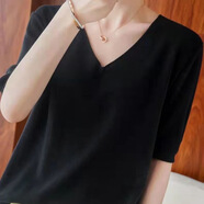 格邏依短袖t恤女2025夏季新款韓版針織短袖女v領(lǐng)時(shí)尚寬松顯瘦衣服女裝 黑色 2XL 【建議140-160斤】