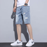 七匹狼（septwolves）夏季薄款破洞牛仔短褲男寬松直筒男士百搭潮流五分短 87藍色 28