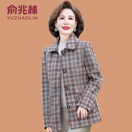 俞兆林（YUZHAOLIN）媽媽秋裝翻領(lǐng)毛呢外套洋氣新款中老年女裝春秋格子短款呢子上衣服 紅色方格 3XL (參考120-135斤)