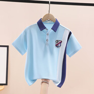 北極絨男童短袖t恤薄款t學院風2025新款兒童衣服夏季大童polo衫男孩上衣 藍色 120 碼（建議身高110cm左右）