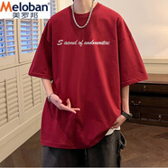 美羅邦（Meloban）重磅美式潮牌字母印花短袖男夏季新款純棉大碼寬松半袖上衣男女生 酒紅色(重磅純棉) XL 建議【120-140】斤