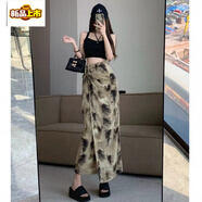 初徑水墨畫(huà)雪紡半身裙女夏季一片式系帶包臀長(cháng)裙后開(kāi)叉不規則直筒半裙 卡其色 S