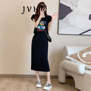 JVH香港潮牌休閑運(yùn)動連衣裙女 2025夏季新款假兩件修身開叉過膝T恤裙 黑色 M