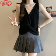 浪莎（LangSha）舒適百搭大碼背心女裝夏新款V領(lǐng)露背針織衫吊帶背心內搭外穿無(wú)袖 黑色 XL 【建議120-140斤】