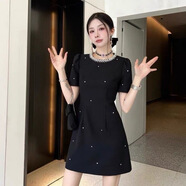 S.SOFEA新款鑲鉆收腰黑色連衣裙甜美小香風(fēng)晚禮服 黑色A字連衣裙 M (建議95-106斤)