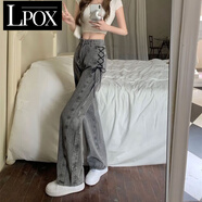 LPOX設(shè)計(jì)感小眾綁帶牛仔褲女2025春夏高腰寬松直筒高街ins潮闊腿褲子 煙灰色 S (95斤內(nèi))
