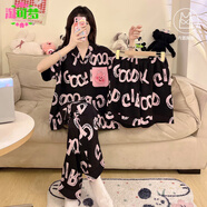 淘可夢(mèng)帶胸墊一體睡衣女款夏季露比可愛(ài)短袖三件套黑色大碼家居服春秋天 loopy三件套【短袖+短褲+長(cháng)褲】 2XL 女(建議身高170-178cm，體