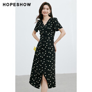 紅袖（hopeshow）泡泡袖黑色連衣裙夏季女裝波點收腰V領(lǐng)顯瘦雪紡裙 黑底米點818 M