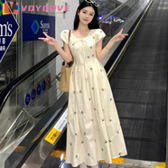 VOYDOVE2025夏季新款印花法式甜美蝴蝶結(jié)泡泡連衣裙氣質(zhì)收腰顯瘦碎花長裙 米杏色碎花裙-常規(guī)款【z】 L 建議 - 95-110斤