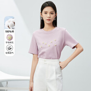 尚都比拉簡(jiǎn)約T恤女夏季圓領(lǐng)字母繡花圖案花朵點(diǎn)綴寬松純棉短袖上衣 瓔珞紫 M