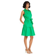 Maggy London無(wú)袖前領(lǐng)紐扣夏季連衣裙 帶腰部系帶和褶皺細節 亮綠色 8