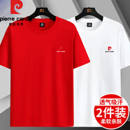 皮爾卡丹（pierre cardin）新款純棉短袖T恤男款圓領(lǐng)寬松夏季薄款純色休閑百搭半袖上衣體恤 DX紅色+白色 XL 【推薦120-135斤】