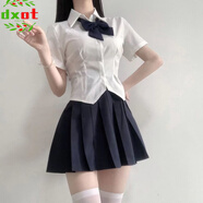 DXOT收腰襯衫純欲風(fēng)性感小個(gè)子長(zhǎng)袖短袖白色彈力襯衫jk制服襯衫裙套裝 白色襯衣+藏青領(lǐng)結(jié)+藏青短裙 M 建議 95-105斤