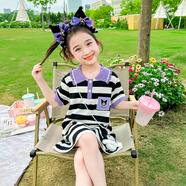 丹鳥(niǎo)王庫(kù)洛米連衣裙女童洋氣裙子女孩新款短袖夏裝兒童假兩件公主裙可愛(ài) 庫(kù)洛米條紋polo裙+頭飾+公仔 140 碼
