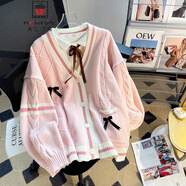 AEMAPE小熊毛衣開衫女外套2025春新款女裝衣服寬松溫柔秋冬季針織上衣 粉色C款 均碼 (80-140斤拍)