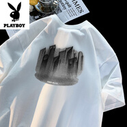 花花公子（PLAYBOY）短袖t恤男士夏季潮牌百搭休閑五分純棉上衣服重磅寬松半袖體恤衫 白色 XL