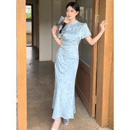 微光里改良旗袍連衣裙女夏新中式國風(fēng)提花清冷貴氣高級氣質(zhì)修身包臀長裙 藍色 L