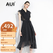 AUI 連衣裙女夏20201新款女裝復古黑色波點(diǎn)雪紡桔梗裙子 黑色 S