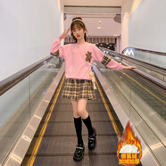 Baldauren女童春秋裝套裝jk裙3-14歲女孩加絨加厚新款中大童衛衣百褶裙韓版 粉色冬款加絨衛衣裙子套裝 秋冬款加絨 120 建議身高110左右 （30-40斤）