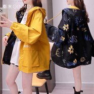 QINMO 炸街外套女春秋季新款洋氣網(wǎng)紅學(xué)生百搭寬松港味風(fēng)衣連帽夾克女 035黑/黃（雙面穿） XL 120-140斤