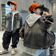 COLORFUL GEMS牛仔外套男孩春秋帥氣休閑單 黑色 黑色連帽19號外套 20 140 碼建議身高130-140厘米